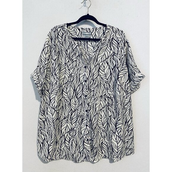 Catherines Top Womens 2X White Black Leaf Print Button Up Short Roll Tab Sleeve - Picture 1 of 7